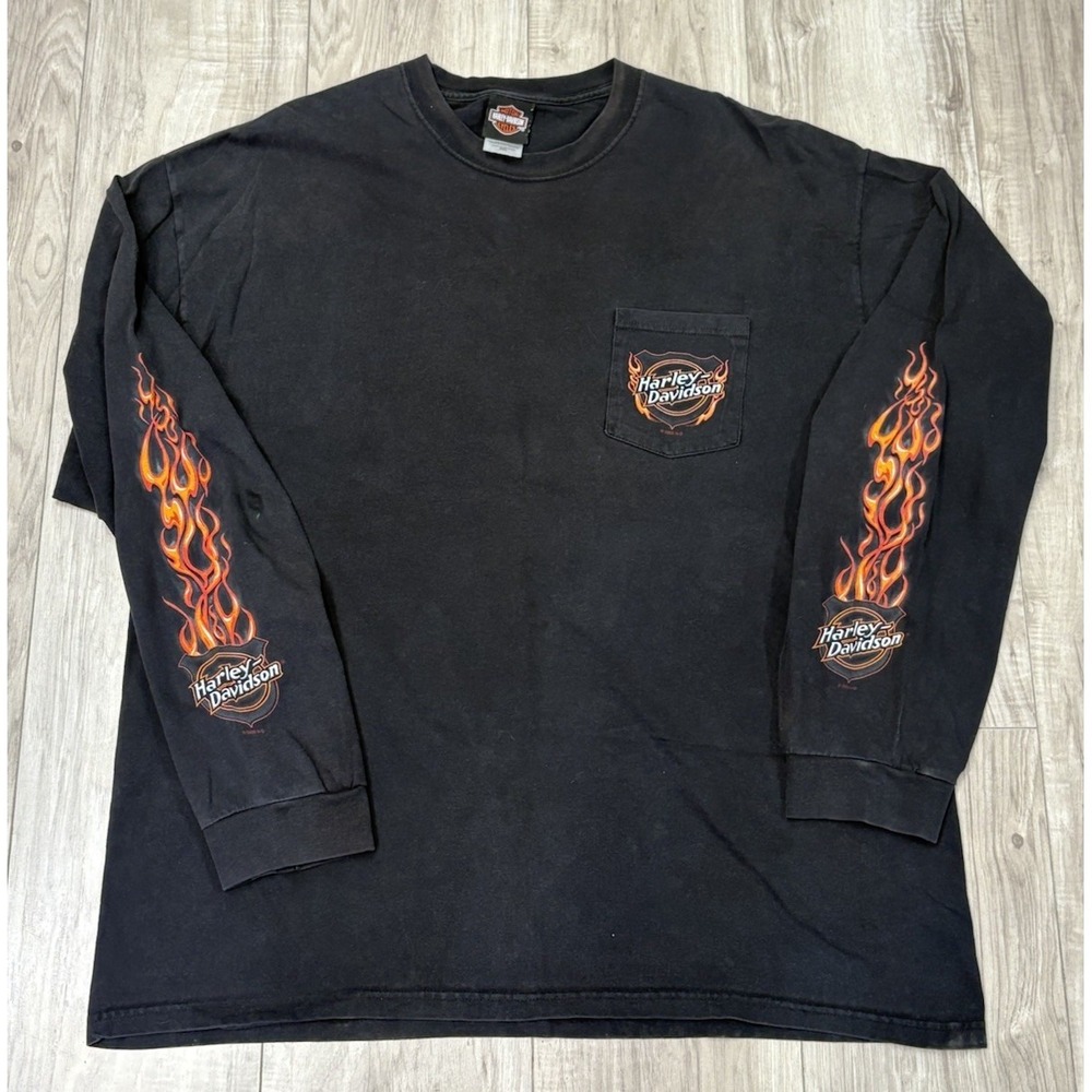 Vintage Y2K Harley Davidson Flames Logo Pocket Long Sleeve Shirt Size 2XL 2007